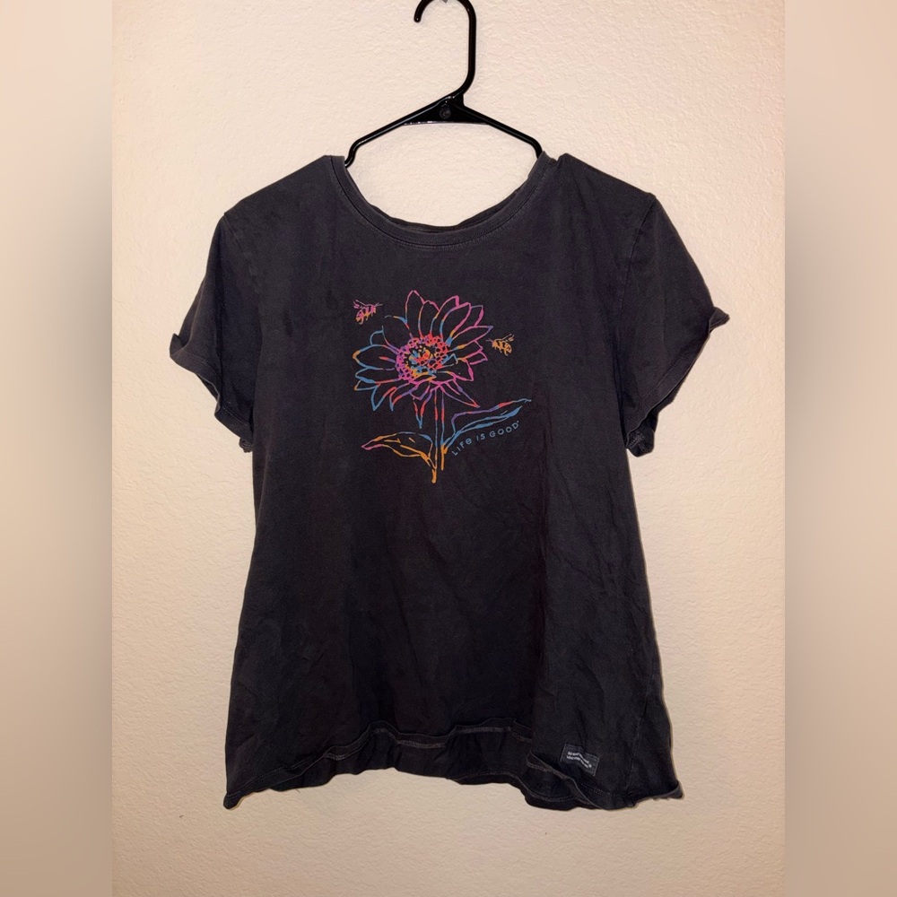 Life Is Good Women's Charcoal Tee with Floral Graphic